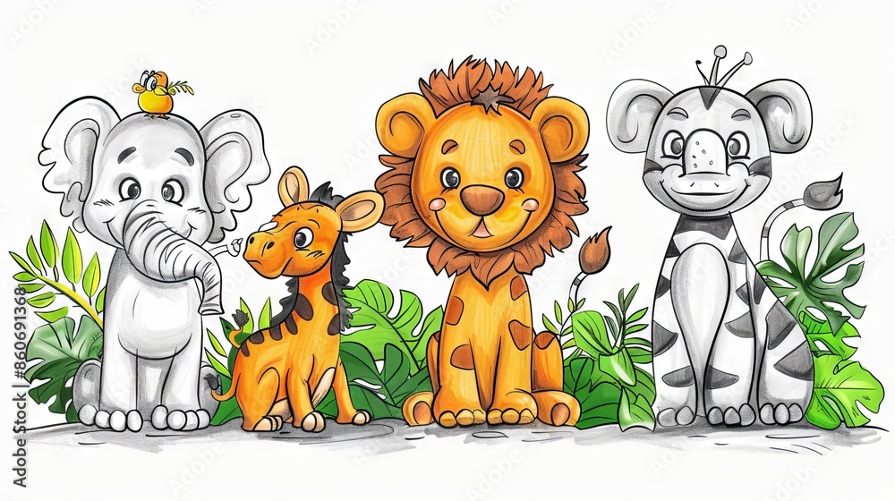 Fototapeta premium Cute cartoon animals. Elephant, lion, giraffe and zebra. Illustration.