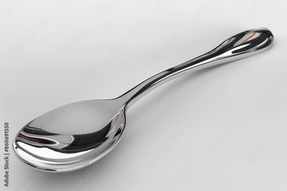 A single silver spoon with a handle lying on a plain white surface