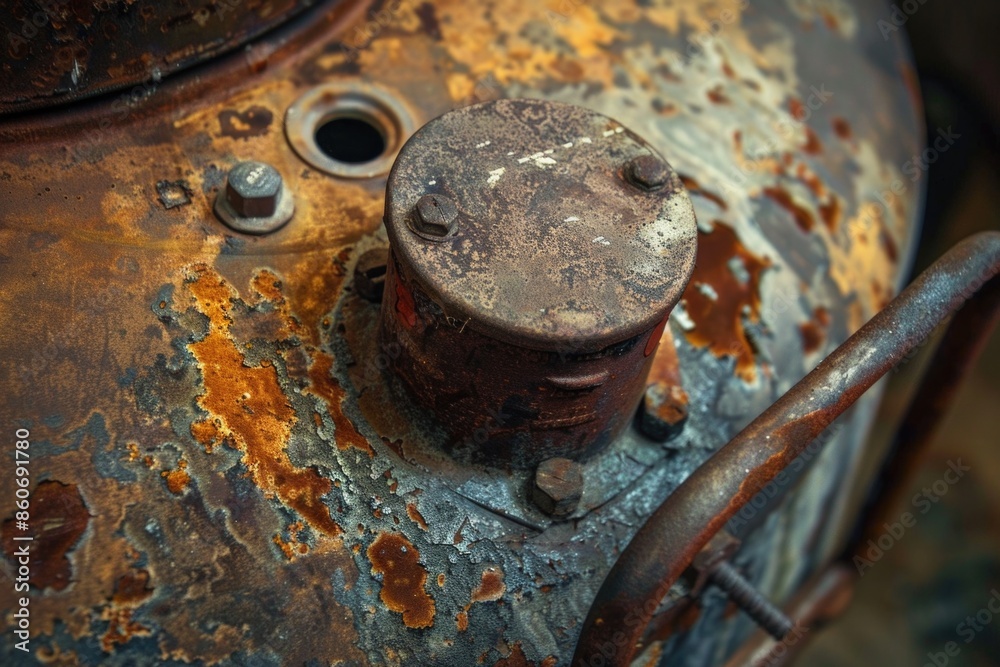 Old, abandoned gas can with rusty cap and lid Old, abandoned gas can with rusty cap and lid