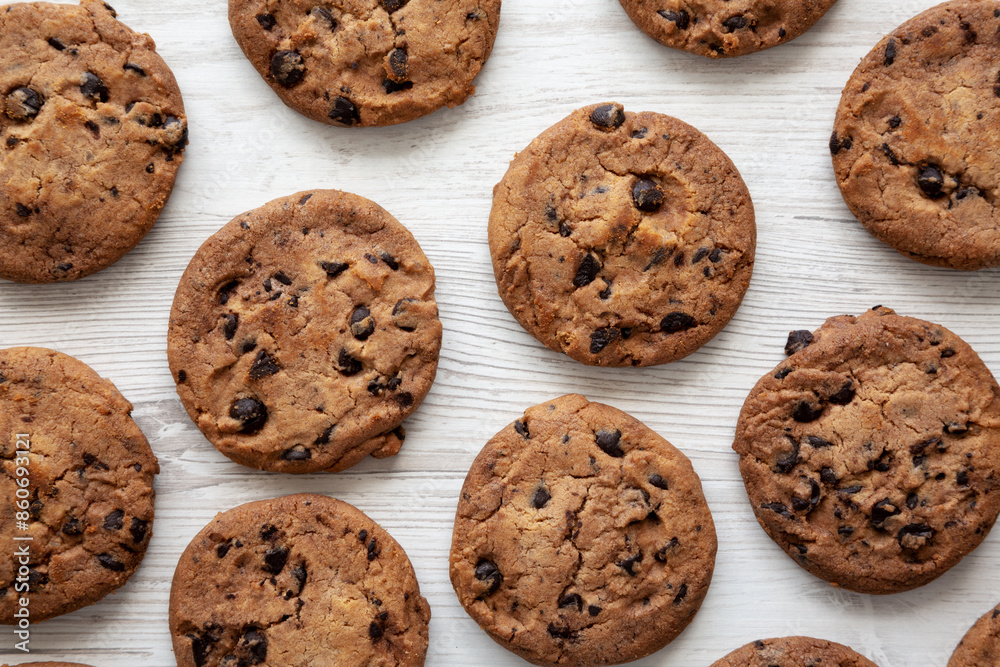 Homemade Gooey Chocolate Chip Cookies, top view. Overhead, flat lay. Homemade Gooey Chocolate Chip Cookies, top view. Overhead, flat lay.
