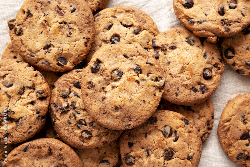 Homemade Gooey Chocolate Chip Cookies, top view. Overhead, flat lay. Homemade Gooey Chocolate Chip Cookies, top view. Overhead, flat lay.