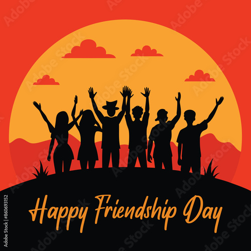 Friendship Silhouette of jumping friends in sunset happy friendship day