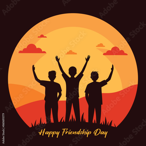 Friendship Silhouette of jumping friends in sunset happy friendship day
