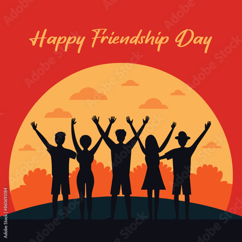 Friendship Silhouette of jumping friends in sunset happy friendship day