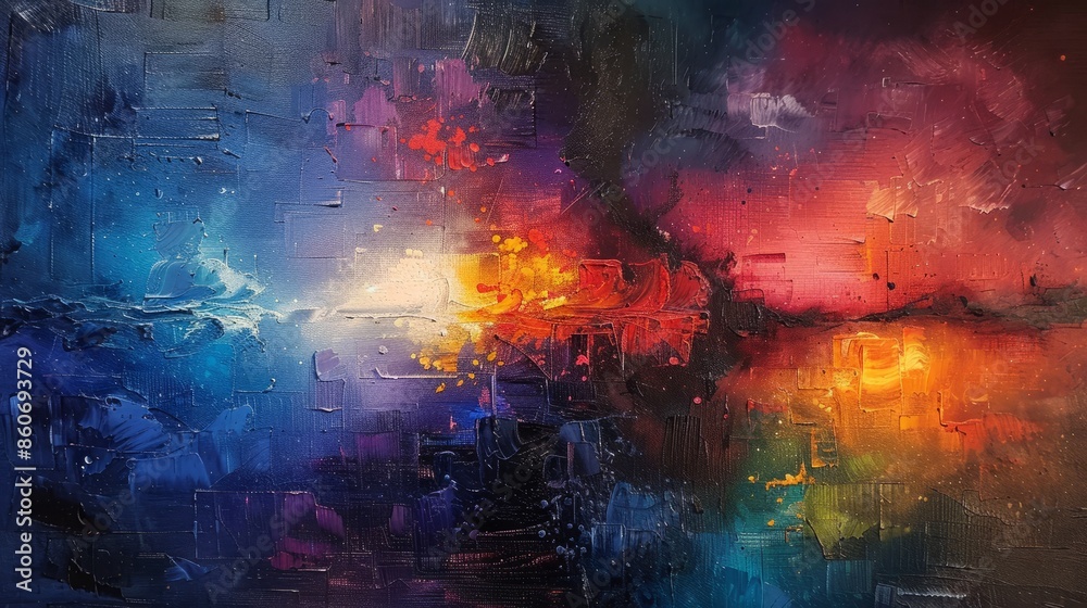 Fototapeta premium Abstract canvas painting with blue, orange, and red hues