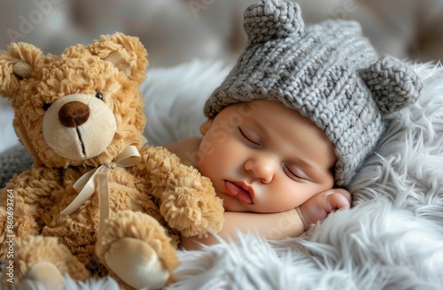 Sleeping Newborn Baby Wearing Knit Hat With Teddy Bear