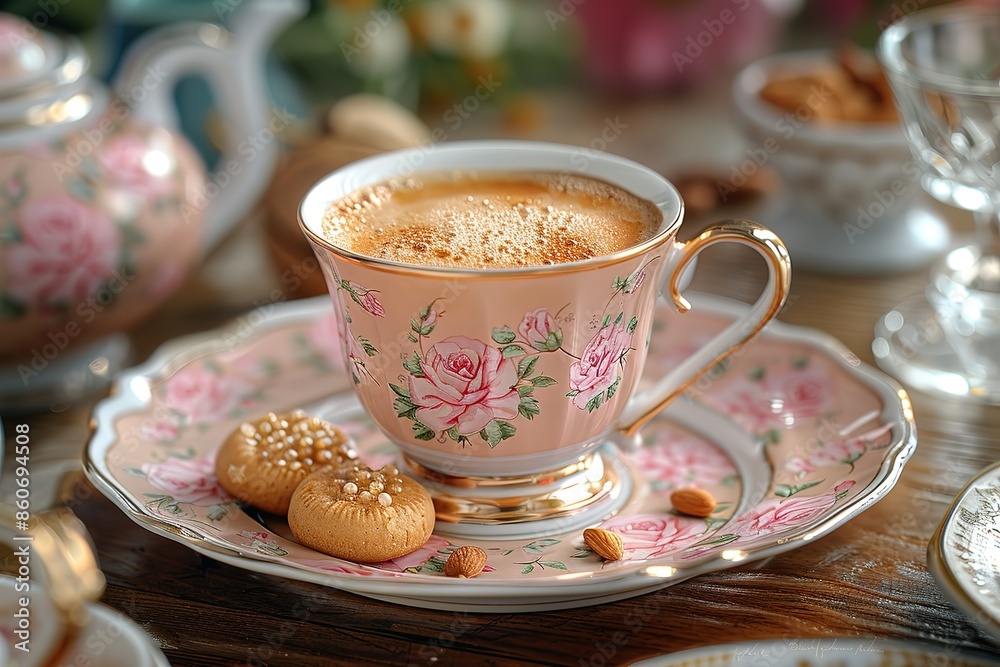 Fototapeta premium A cup of coffee is served on a pink plate with a rose design