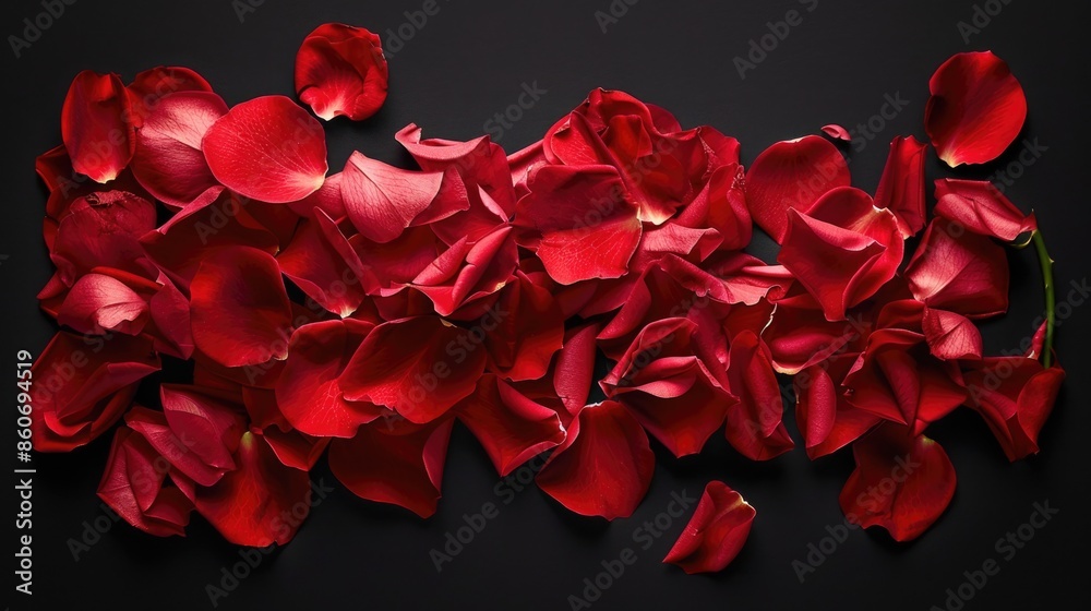 A close-up view of a bunch of red rose petals scattered on a dark or black surface A close-up view of a bunch of red rose petals scattered on a dark or black surface