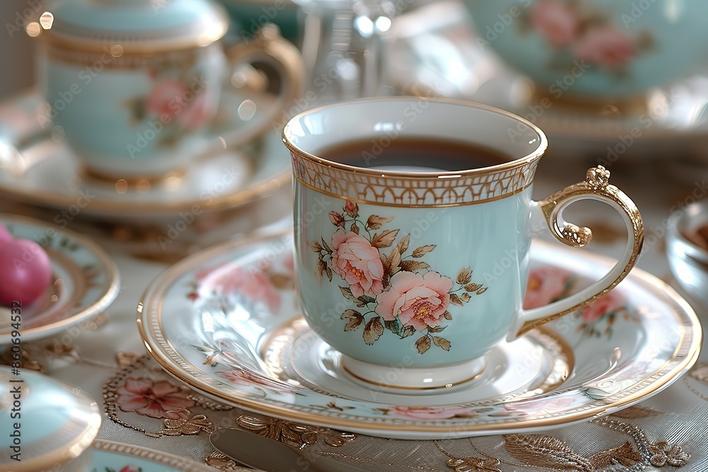 A cup of coffee sits on a floral plate with a pink rose design A cup of coffee sits on a floral plate with a pink rose design