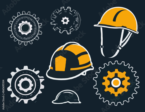 Helmet and gear. Safety and protection, engineer. Construction, labor and engineering symbols. Workwear, helmet construction and cogwheel vector design and illustration 