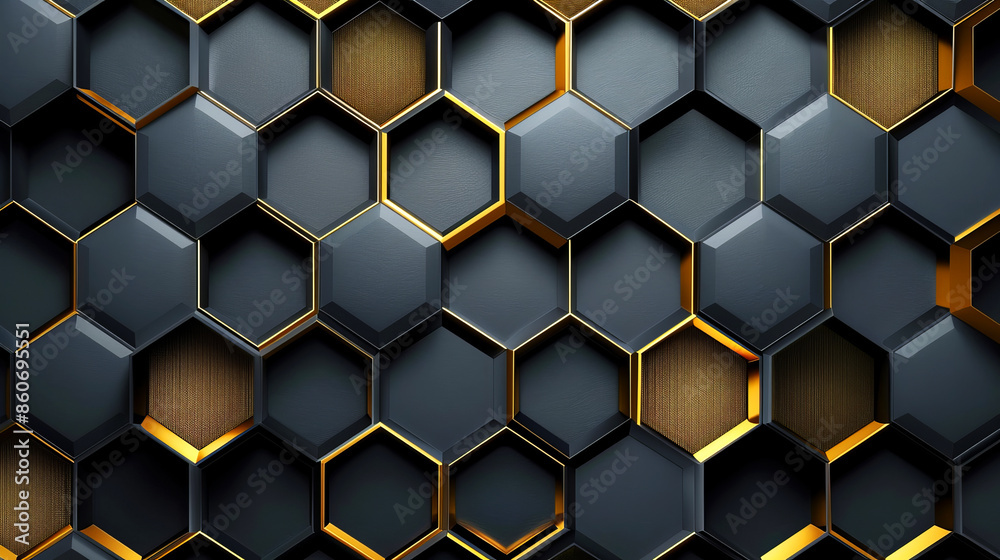 Dark gray and gold honeycomb hexagonal pattern abstract wall background Dark gray and gold honeycomb hexagonal pattern abstract wall background