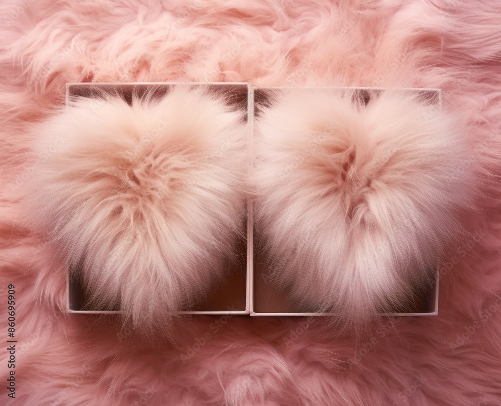 In this image, two fluffy heart shapes are placed side by side in adjacent open boxes, all set against a soft pink backdrop, symbolizing affection and warmth. In this image, two fluffy heart shapes are placed side by side in adjacent open boxes, all set against a soft pink backdrop, symbolizing affection and warmth.