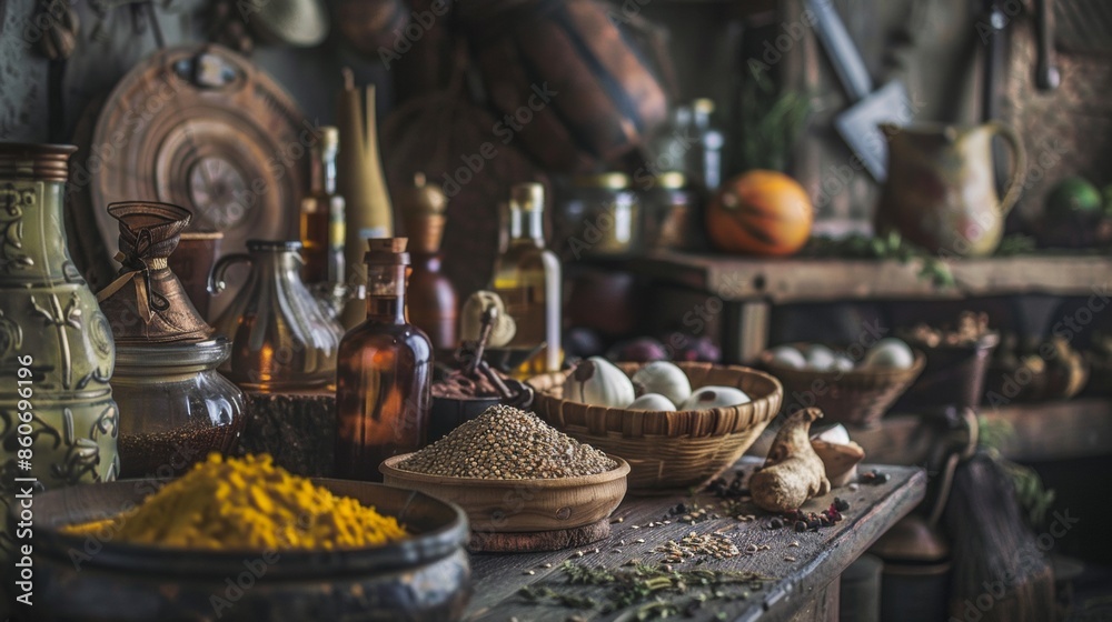 Rustic Kitchen with Assorted Ingredients and Utensils Rustic Kitchen with Assorted Ingredients and Utensils