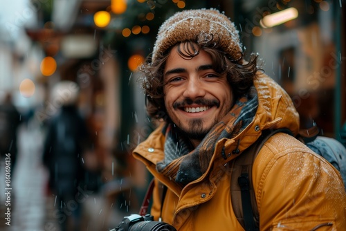 Smiling Man In A Yellow Winter Jacket On A Snowy Day