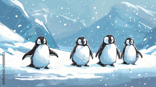 Four penguins are walking in the snow. They look very happy. The sun is shining and the sky is blue. photo