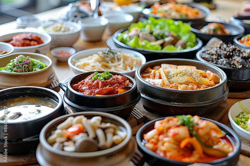 Close-Up View of a Korean Dining Table Featuring an Array of Traditional Dishes Close-Up View of a Korean Dining Table Featuring an Array of Traditional Dishes