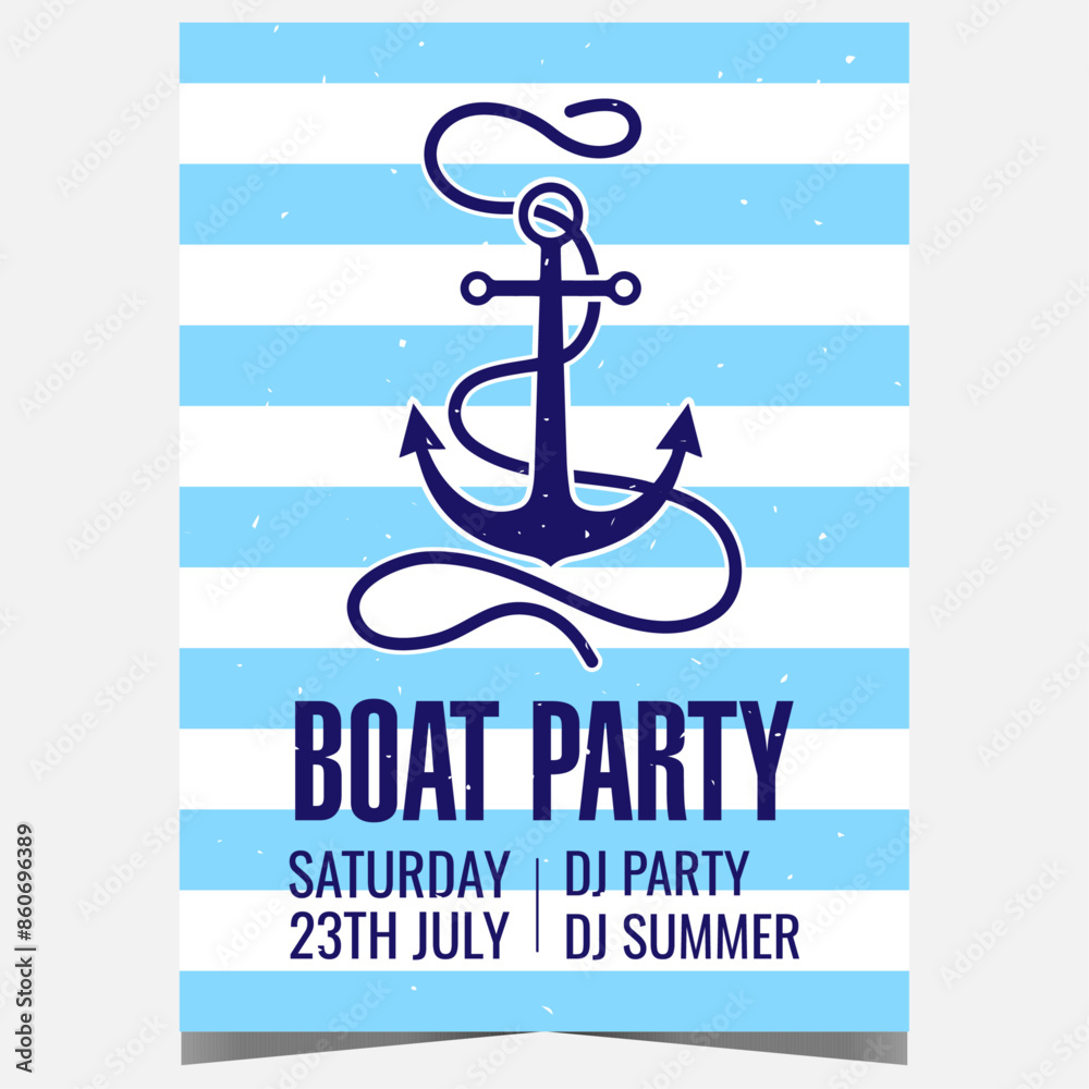Naklejka premium Boat party invitation poster with ship anchor on striped sailor vest background. Banner or flyer for a relaxing entertainment event or birthday celebration on a yacht at sea during summer holidays.