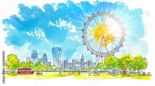 London Eye, a popular tourist destination in London, England, with a beautiful sunny day in the background. photo