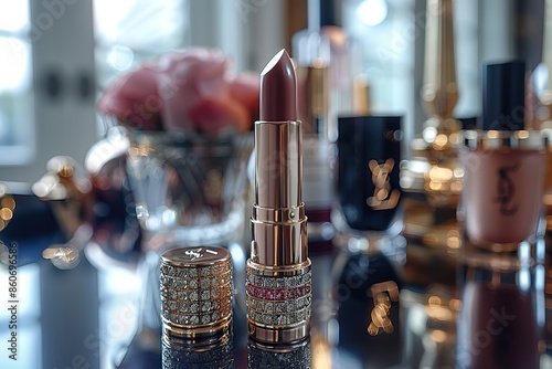 A small bottle of lipstick with a gold cap sits on a table next to a vase of flo