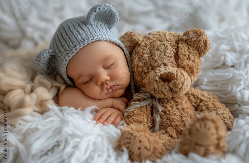 Sleeping Newborn Baby Wearing Knit Hat With Teddy Bear