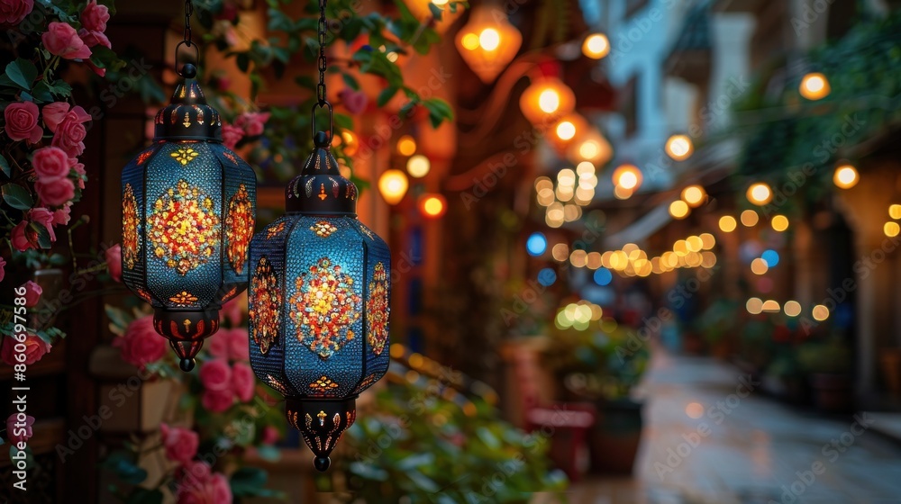 Fototapeta premium Ornate Lanterns Illuminating a Festive Street