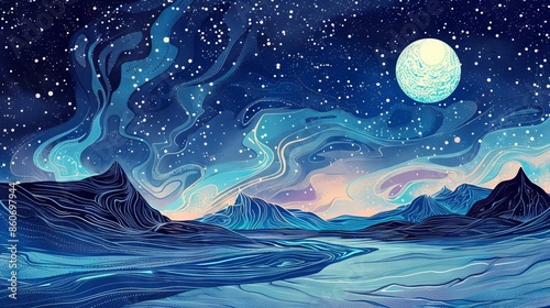 The AI-generated photo shows a beautiful winter landscape with a full moon and stars in the sky. The blue and white colors of the image create a peaceful and serene atmosphere.