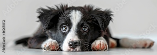 Black and White Border Collie Puppy Lying on White Floor