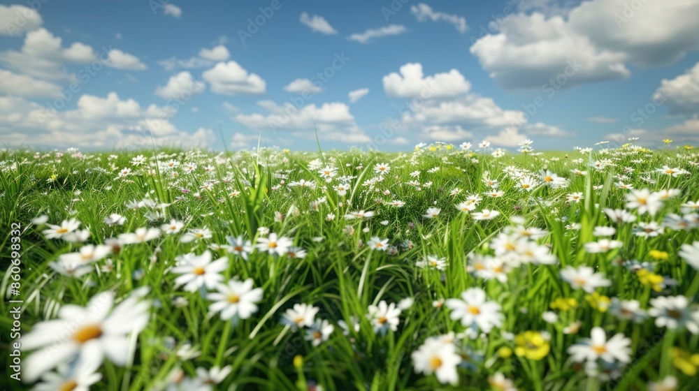 A stunning field of fresh green grass and daisies under a blue sky with white clouds, showcasing the vibrant, lush beauty of nature in a peaceful summer meadow. A stunning field of fresh green grass and daisies under a blue sky with white clouds, showcasing the vibrant, lush beauty of nature in a peaceful summer meadow.