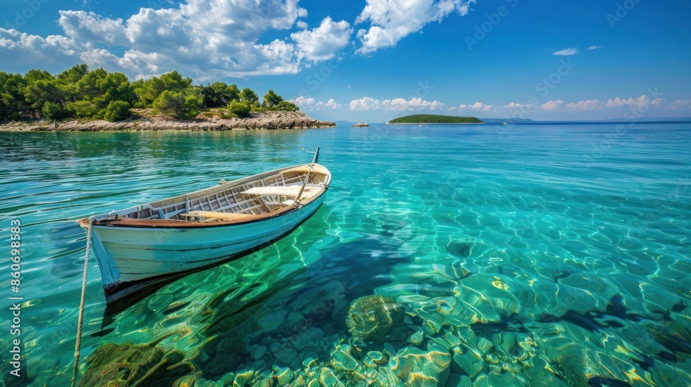 Beach landscape with a small boat sailing on clear green-blue water with a tropical island in the background. Beach landscape with a small boat sailing on clear green-blue water with a tropical island in the background.