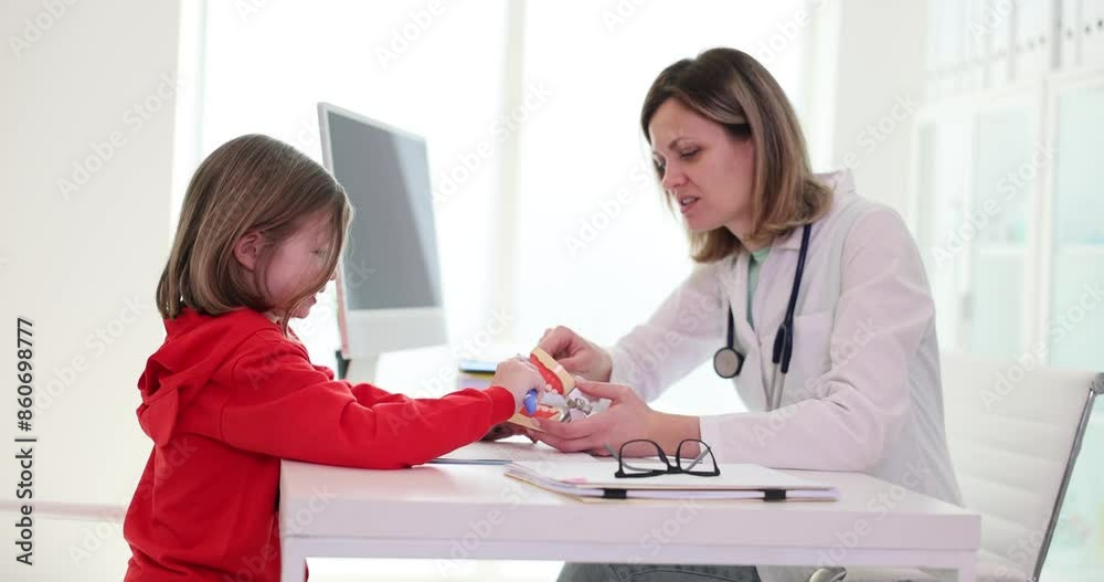Little girl smears artificial jaw model with toothpaste in light clinic office. Woman doctor gives advice for properly brush teeth slow motion Little girl smears artificial jaw model with toothpaste in light clinic office. Woman doctor gives advice for properly brush teeth slow motion