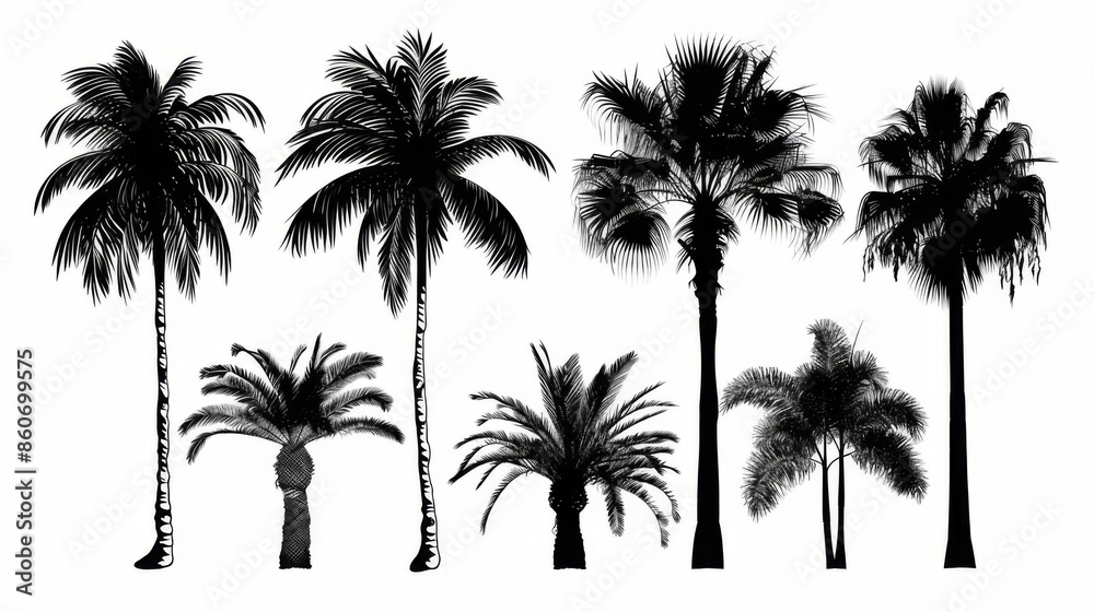 An artistic portrayal of various palm trees in black and white silhouettes, highlighting their unique shapes and structures, perfect for adding an exotic and timeless touch to any design. An artistic portrayal of various palm trees in black and white silhouettes, highlighting their unique shapes and structures, perfect for adding an exotic and timeless touch to any design.