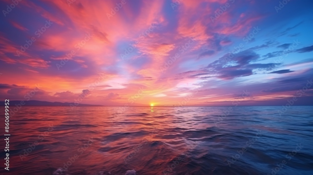 Obraz premium A breathtaking sunset scene over calm ocean waters with dramatic colors ranging from pink to deep blue, highlighting the beauty and serenity of nature's evening show.