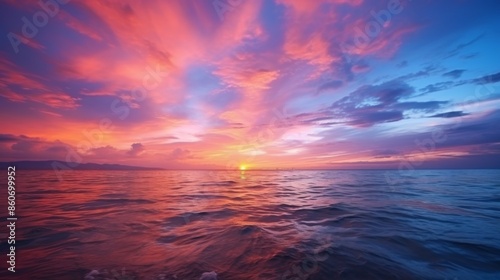 A breathtaking sunset scene over calm ocean waters with dramatic colors ranging from pink to deep blue, highlighting the beauty and serenity of nature's evening show.