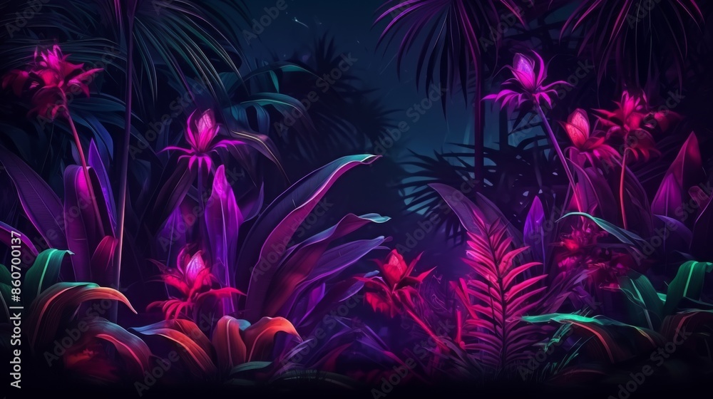 This image showcases dense tropical vegetation accented by neon glows, creating an enchanting and mysterious atmosphere blending nature with modern neon artistry. This image showcases dense tropical vegetation accented by neon glows, creating an enchanting and mysterious atmosphere blending nature with modern neon artistry.