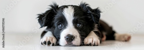 Black and White Border Collie Puppy Lying on White Floor