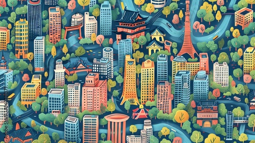 The city is full of life, with people walking, biking, and driving around