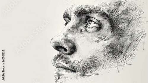 The face of a man is drawn in pencil on a white background. The man is looking up at an angle and his expression is pensive.