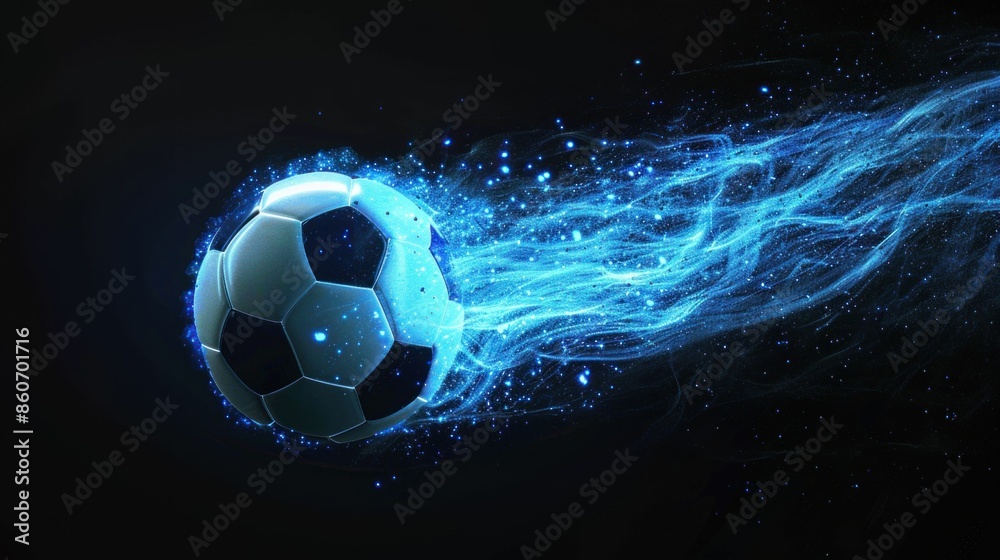 Fototapeta premium Glowing Soccer Ball with Blue Light Trails. Generative ai