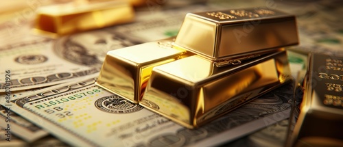 Gold Bars Stacked on US Dollar Bills. Generative ai
