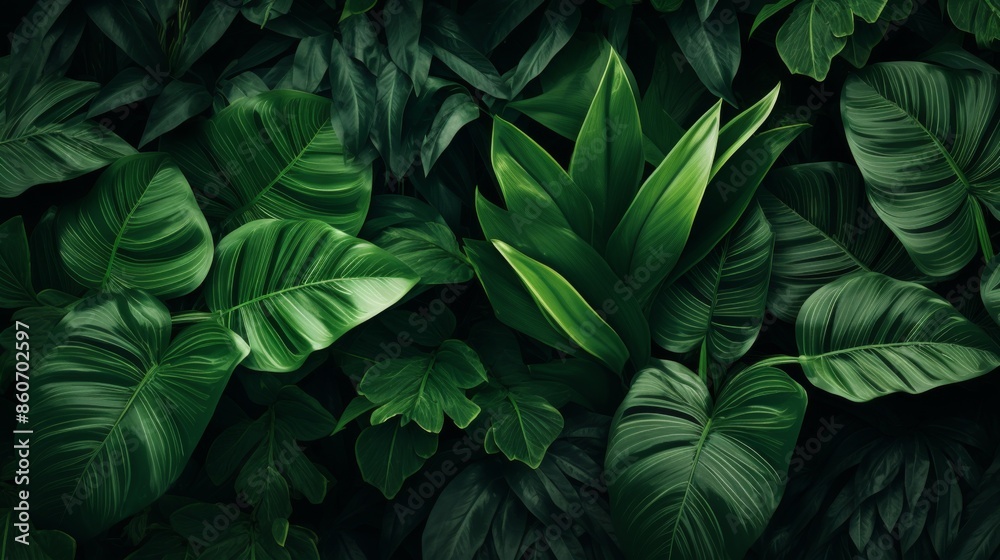 A dense collection of green foliage from various tropical plants, capturing the richness and diversity of a vibrant rainforest, perfect for nature-themed designs. A dense collection of green foliage from various tropical plants, capturing the richness and diversity of a vibrant rainforest, perfect for nature-themed designs.