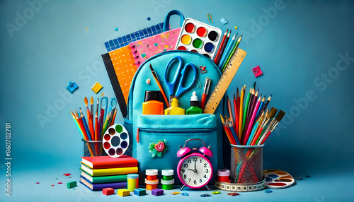 Art supplies are arranged with a blue backpack on a blue background, ready for back to school.