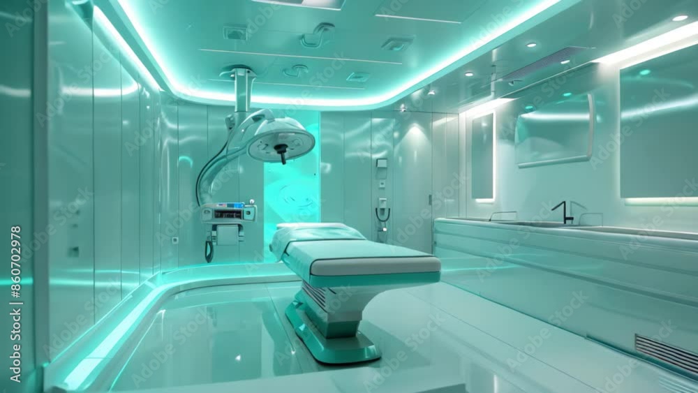 A hospital room featuring a bed and overhead lights, designed with a ...