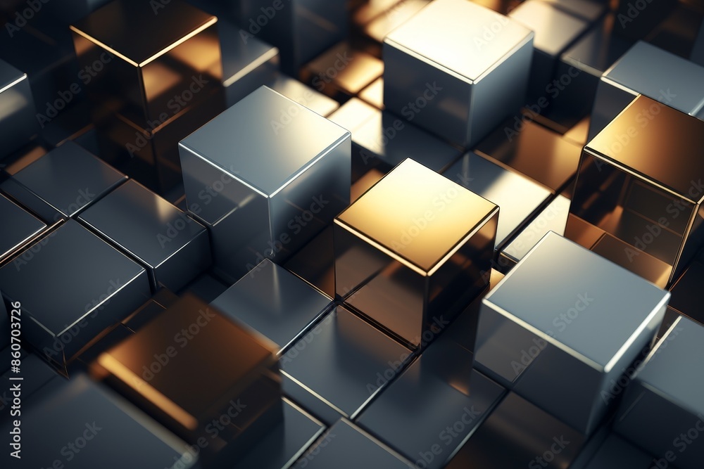 Abstract background of reflective metallic cubes and blocks with a mix of silver and gold highlights, creating a futuristic industrial feel. Abstract background of reflective metallic cubes and blocks with a mix of silver and gold highlights, creating a futuristic industrial feel.