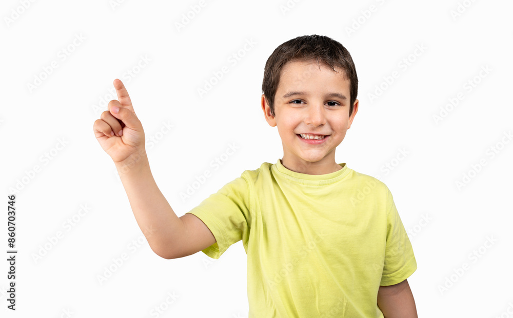 Portrait of a excited child pointing with white background. Horizontal composition. Portrait of a excited child pointing with white background. Horizontal composition.