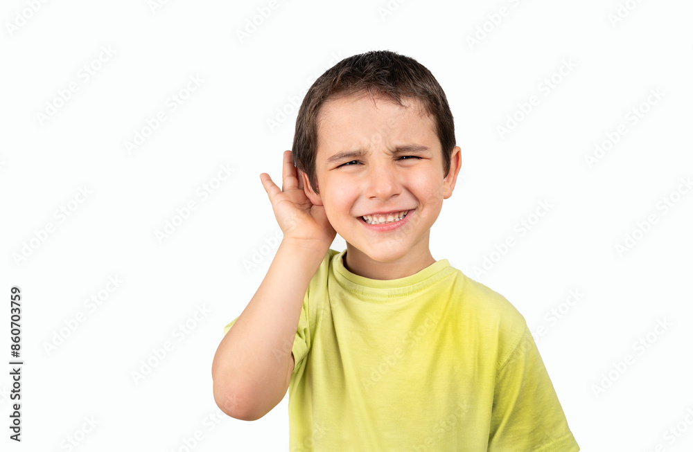 Child over isolated background smiling with hand over ear listening an hearing to rumor or gossip. Deafness concept. Child over isolated background smiling with hand over ear listening an hearing to rumor or gossip. Deafness concept.