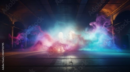 Abstract colorful smoke art in a dark room with vibrant hues of pink, blue, and purple creating an ethereal and mystical atmosphere. © GenBy