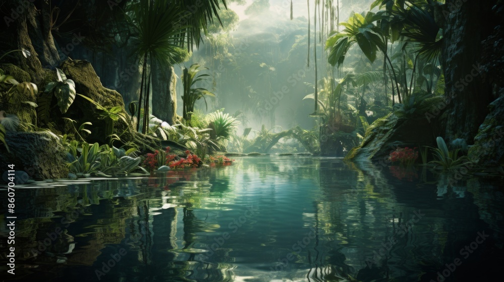 A vibrant jungle setting featuring a crystal-clear stream flowing through the dense foliage, epitomizing the purity and serenity of untouched nature. A vibrant jungle setting featuring a crystal-clear stream flowing through the dense foliage, epitomizing the purity and serenity of untouched nature.