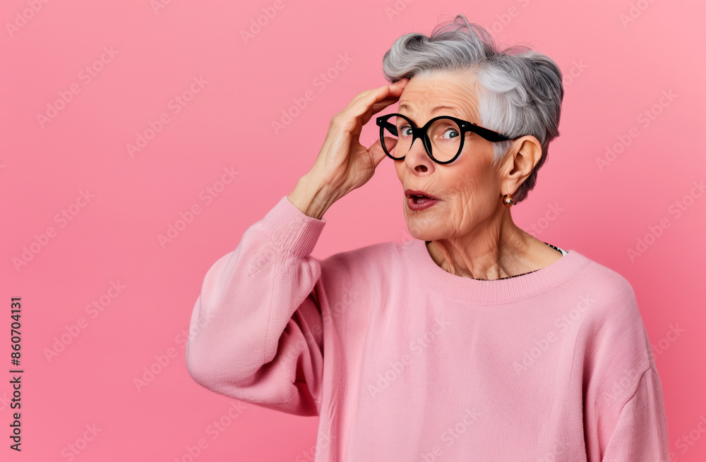 Hearing and vision problems in old age, an elderly woman on a coloured background checks her sight and hearing Hearing and vision problems in old age, an elderly woman on a coloured background checks her sight and hearing