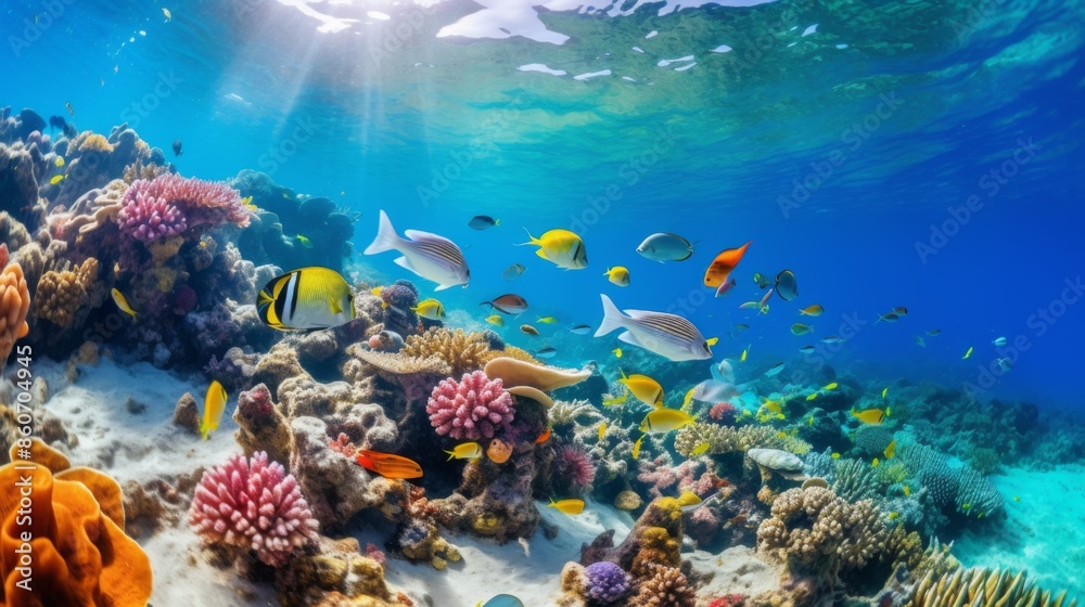 Obraz premium A shallow coral reef habitat filled with vibrant corals and various colorful fish swimming around. The clear, blue water showcases the rich marine biodiversity.