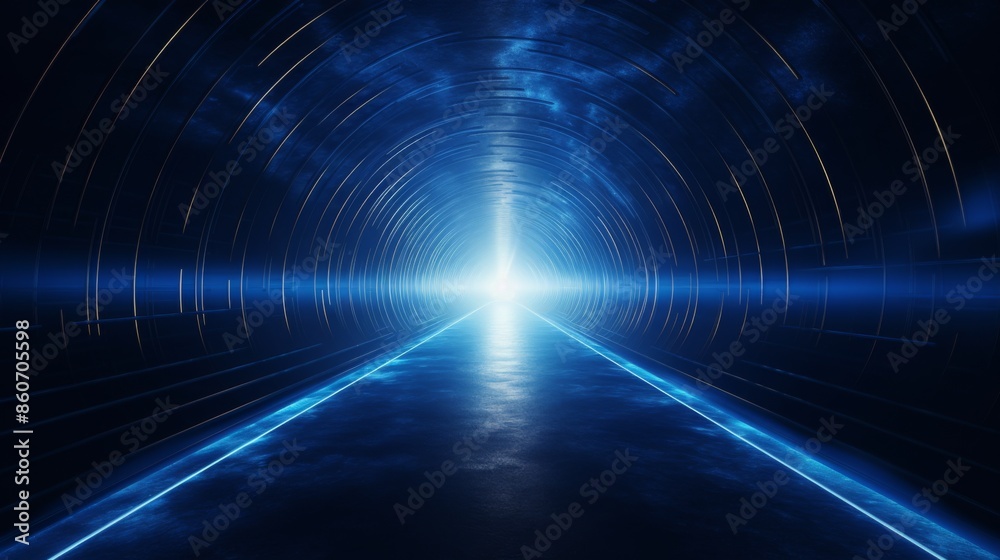 Fototapeta premium The image showcases a futuristic tunnel illuminated by vibrant blue lights, converging at a bright central point, giving a sense of moving towards light and progress.